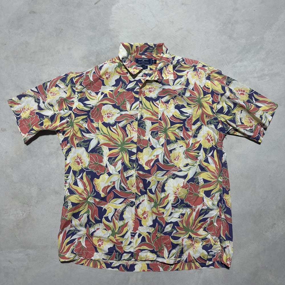 VTG 90s Polo Sport Ralph Lauren Hawaiian Shirt SZ L Floral Tropical Loop Collar